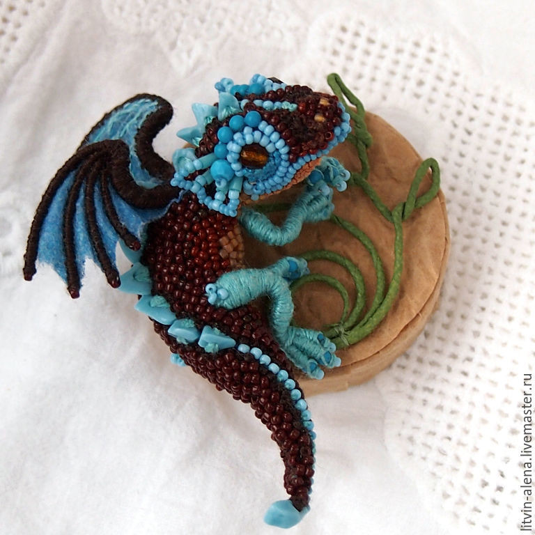 Brooches Embroidery
 Brooch dragon "Little Birds" Brooch beads Embroidered
