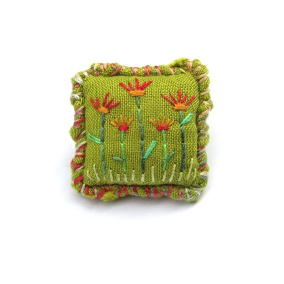 Brooches Embroidery
 Embroidered Flower Brooch Small Green Fabric Brooch with