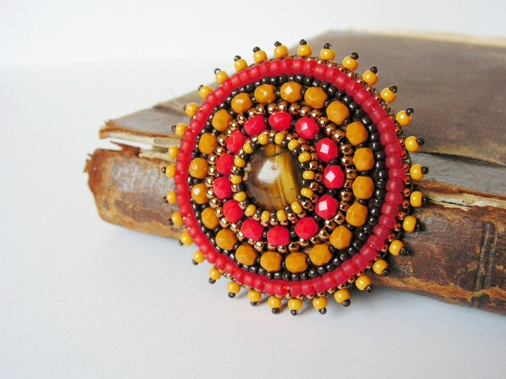 Brooches Embroidery
 Red Yellow Brooch Bead embroidery Brooch Beaded brooch