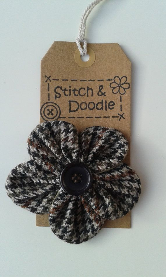 Brooches Hand Made
 Hand stitched tweed flower brooch button brooch by