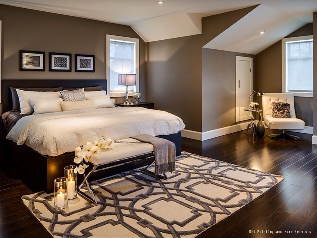 Brown Paint Colors For Bedrooms
 A warm and cozy bedroom with dark hardwood floors and
