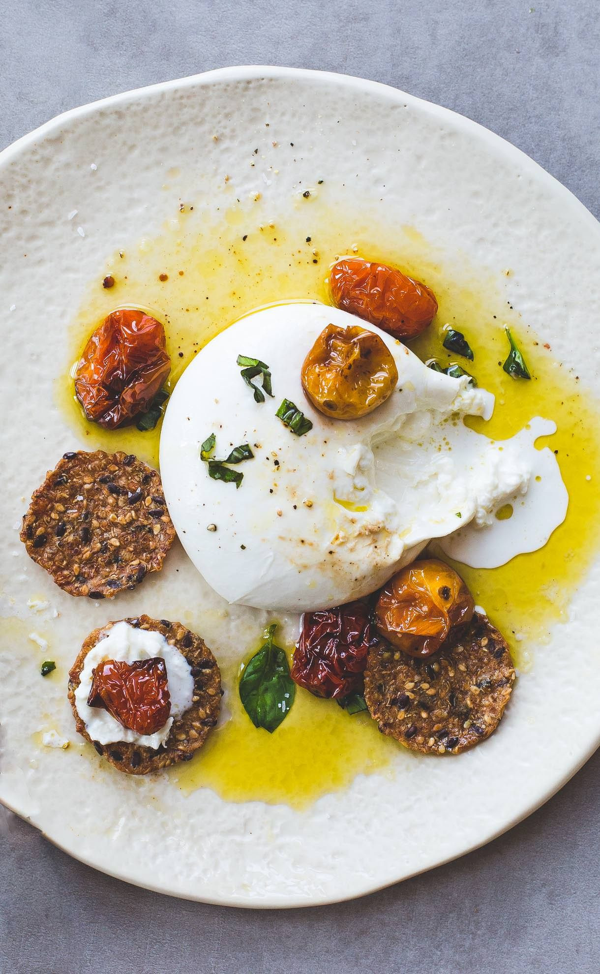 Burrata Cheese Appetizers
 Burrata Cheese with Slow Roasted Cherry Tomatoes and Olive