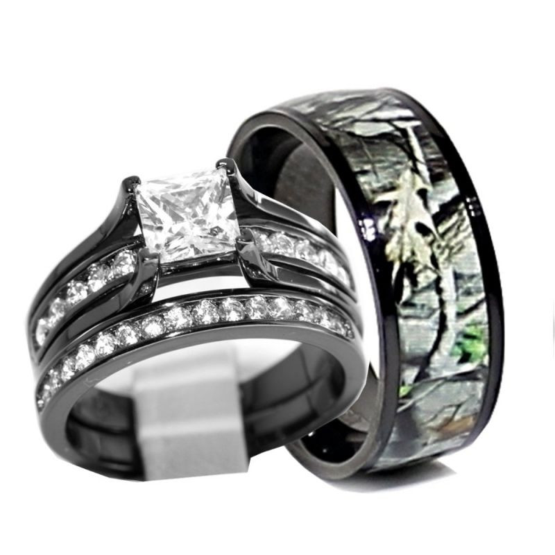 Camo Diamond Engagement Rings For Her
 His and Hers 925 Sterling Silver Titanium Camo Wedding