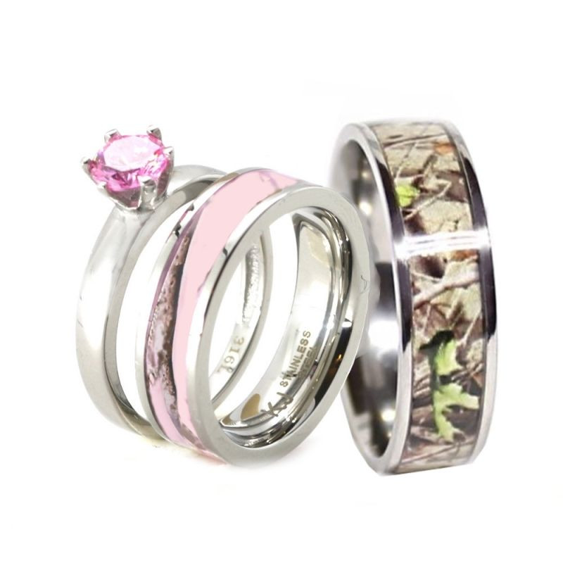 Camo Diamond Engagement Rings For Her
 HIS & HER Pink Camo Band Engagement Wedding Ring Set