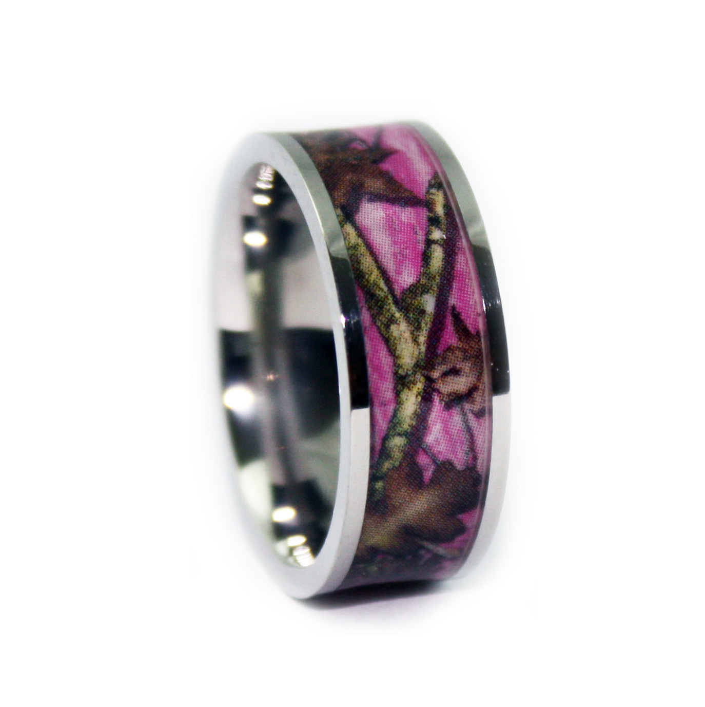 Camo Wedding Bands
 Pink Camo Wedding Rings Flat Titanium Camouflage Band by