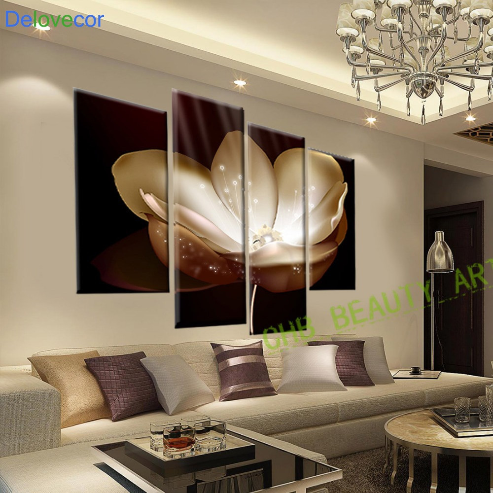 Canvas Painting For Living Room
 4 Panel Gold Flower Printed Painting Canvas Picture Wall