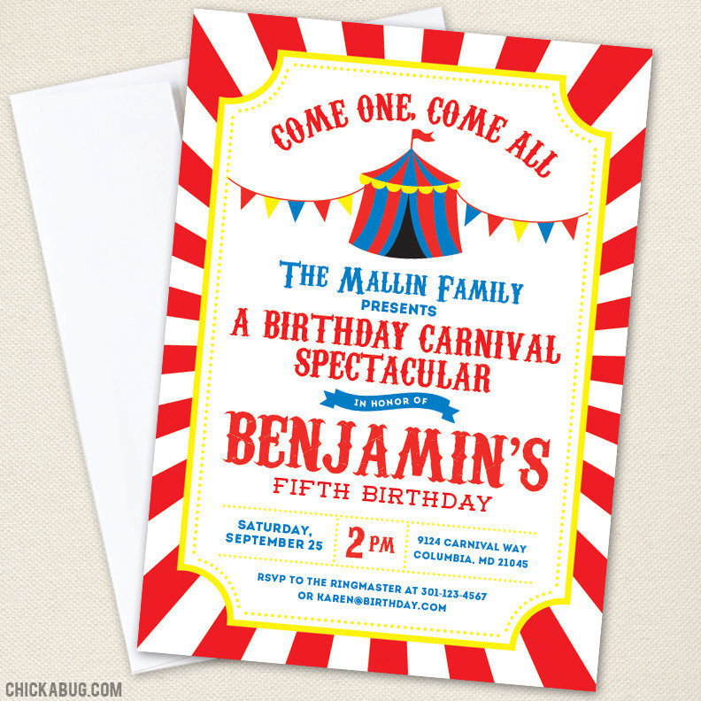 Carnival Themed Birthday Invitations
 Carnival or Circus Party Invitations