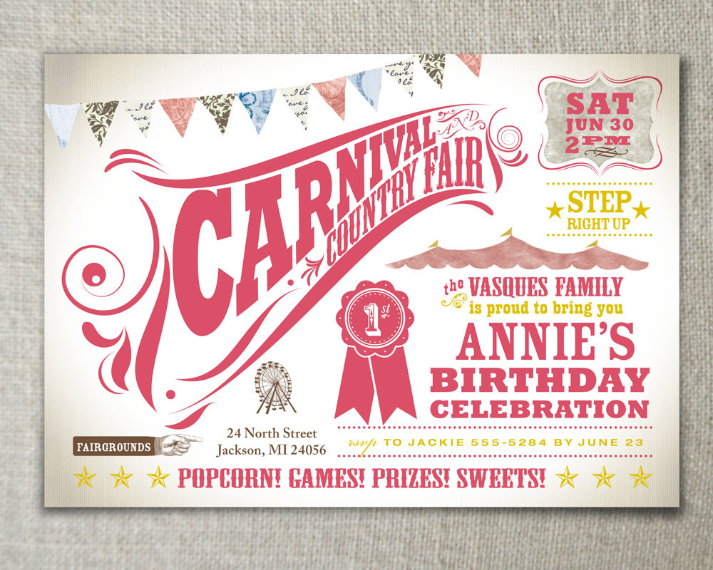 Carnival Themed Birthday Invitations
 Carnival party Kids birthday party invitation by PearTreeSpace