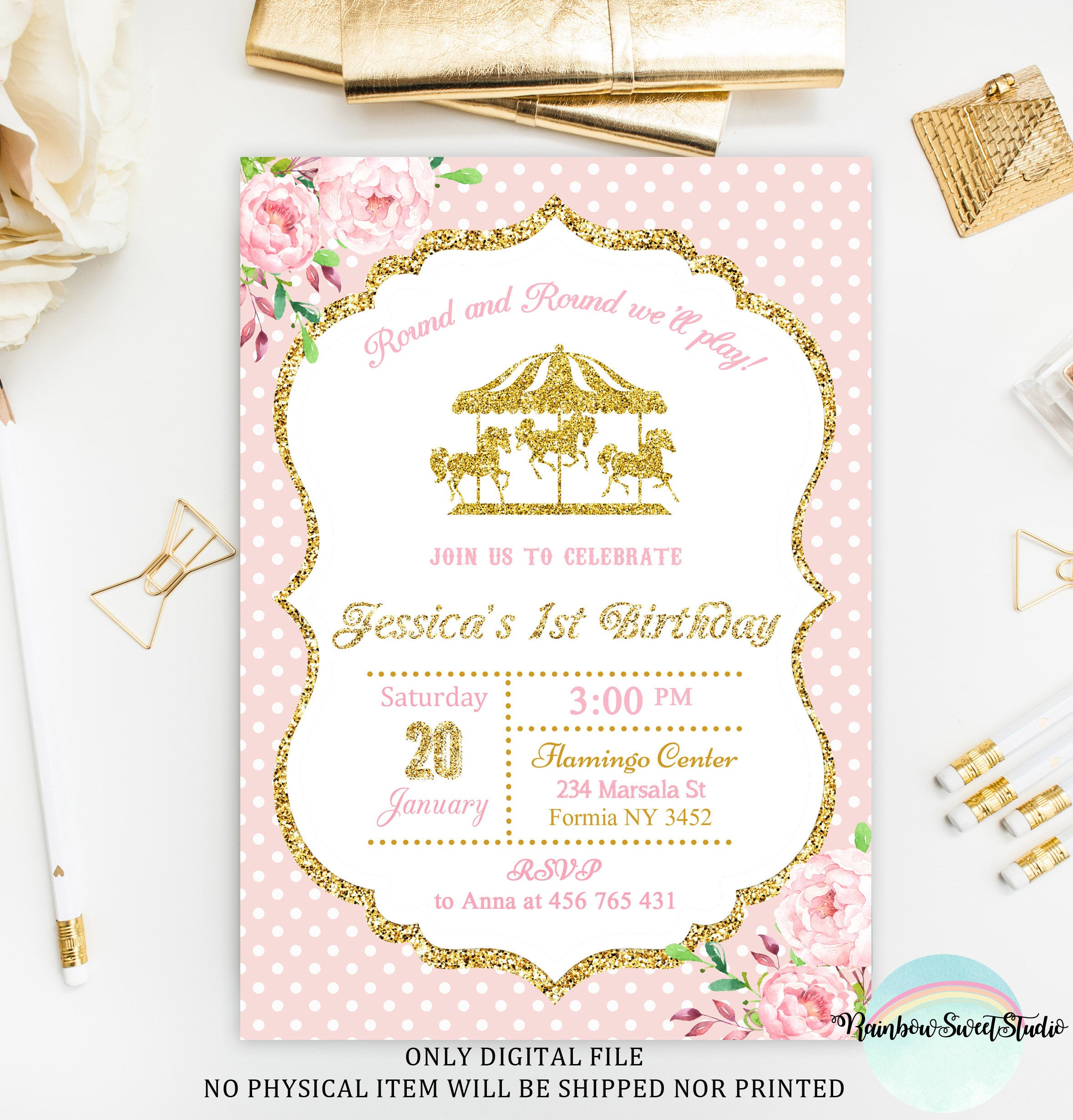 Carousel Birthday Invitations
 Carousel Birthday Invitation Pink and Gold Invitation