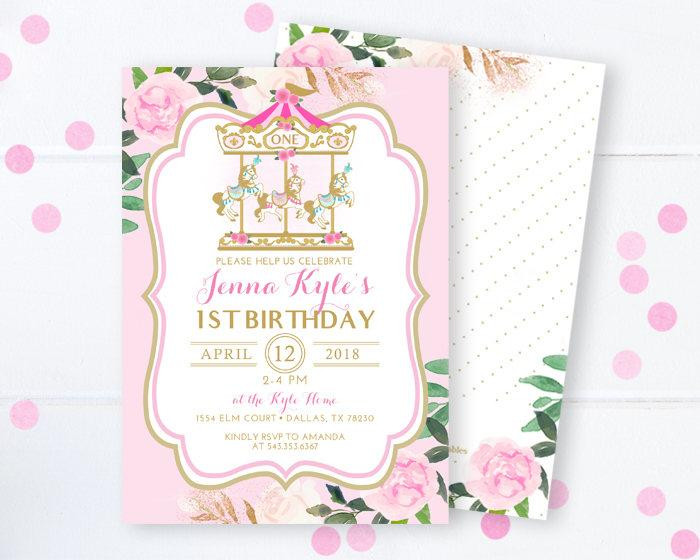 Carousel Birthday Invitations
 Carousel Birthday Invitation Pink and Gold 1st Birthday