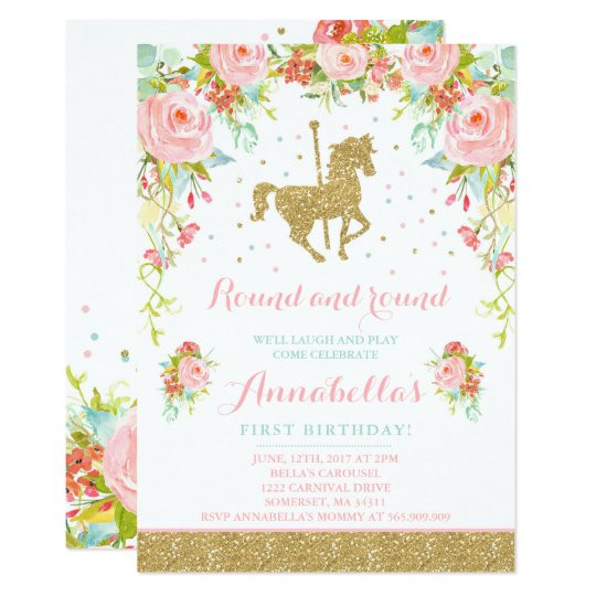 Carousel Birthday Invitations
 Carousel Birthday Invitation Floral Pink Mint Gold