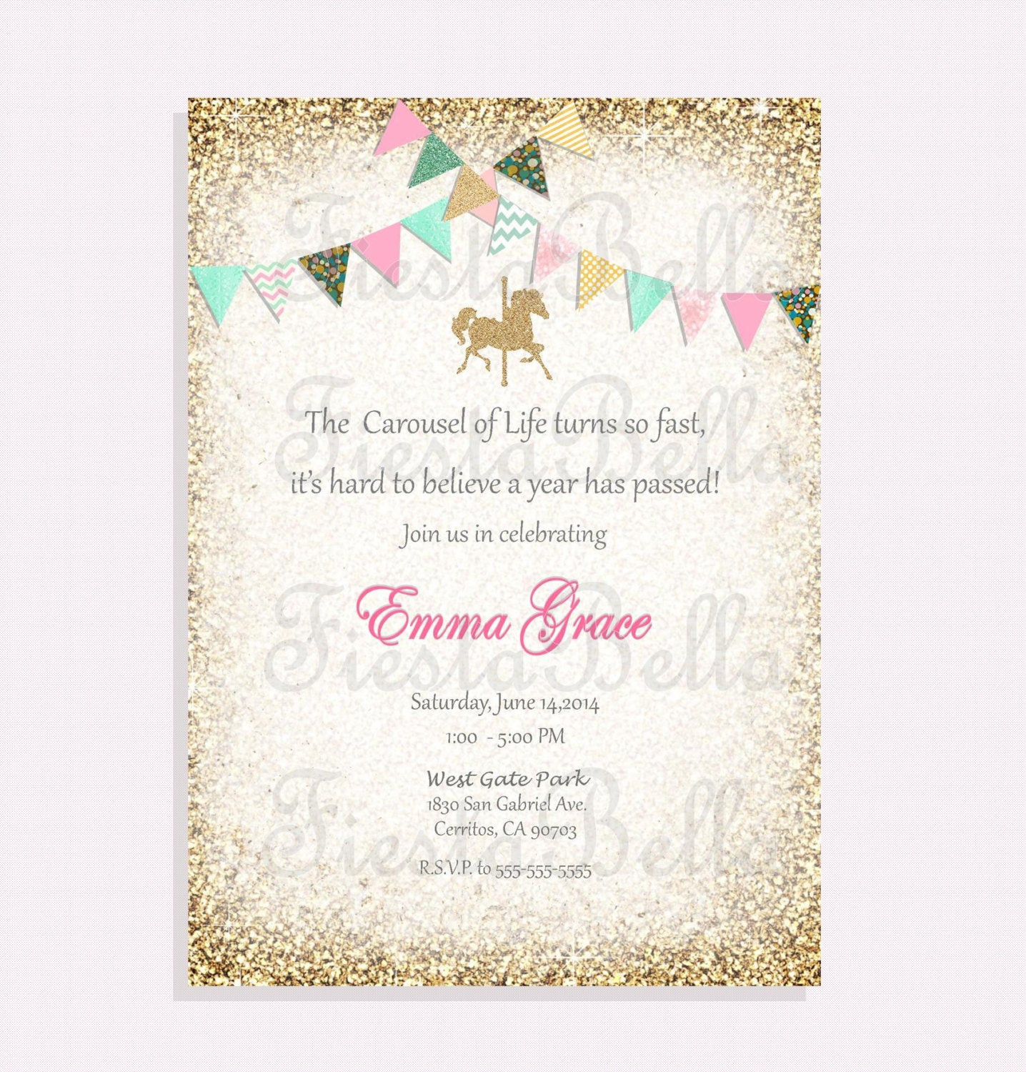 Carousel Birthday Invitations
 Carousel birthday invitation red mint green pink gold