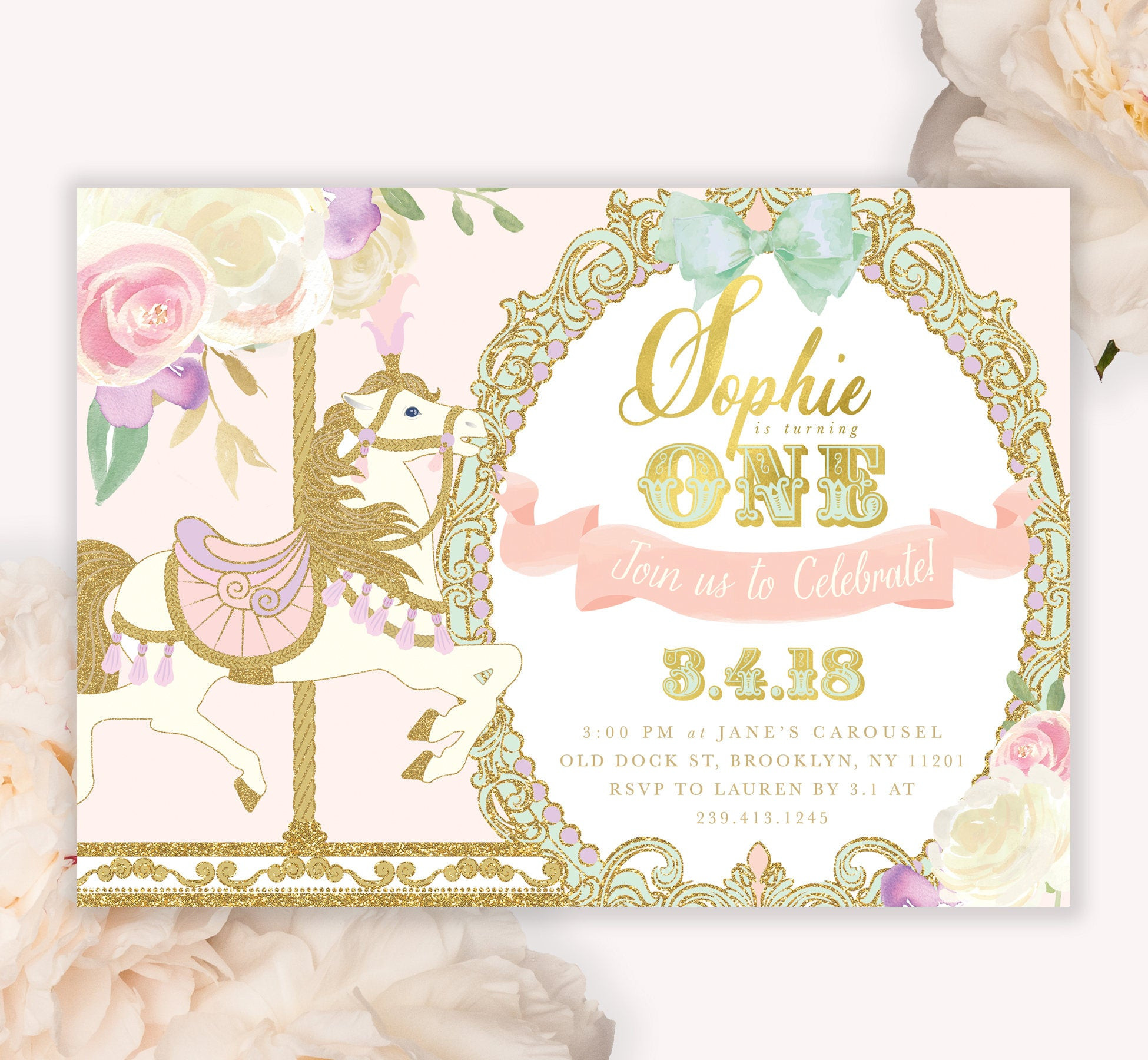 Carousel Birthday Invitations
 Carousel Girl s 1st Birthday Party Invitation Carousel