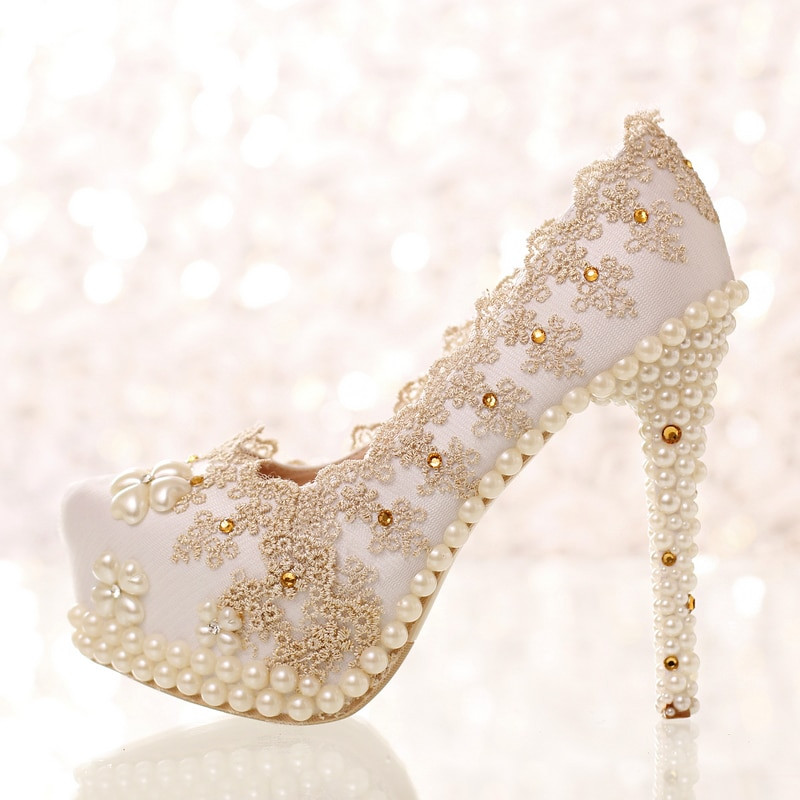 Champagne Color Wedding Shoes
 Champagne color Rhinestone Lace Bridal Shoes Ultra High