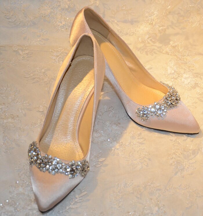 Champagne Color Wedding Shoes
 Handmade Wedding Shoes Plus Size Satin Pointed Toe Pumps