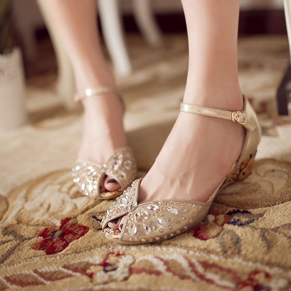 Champagne Color Wedding Shoes
 2013 rhinestone sandals female genuine leather open toe