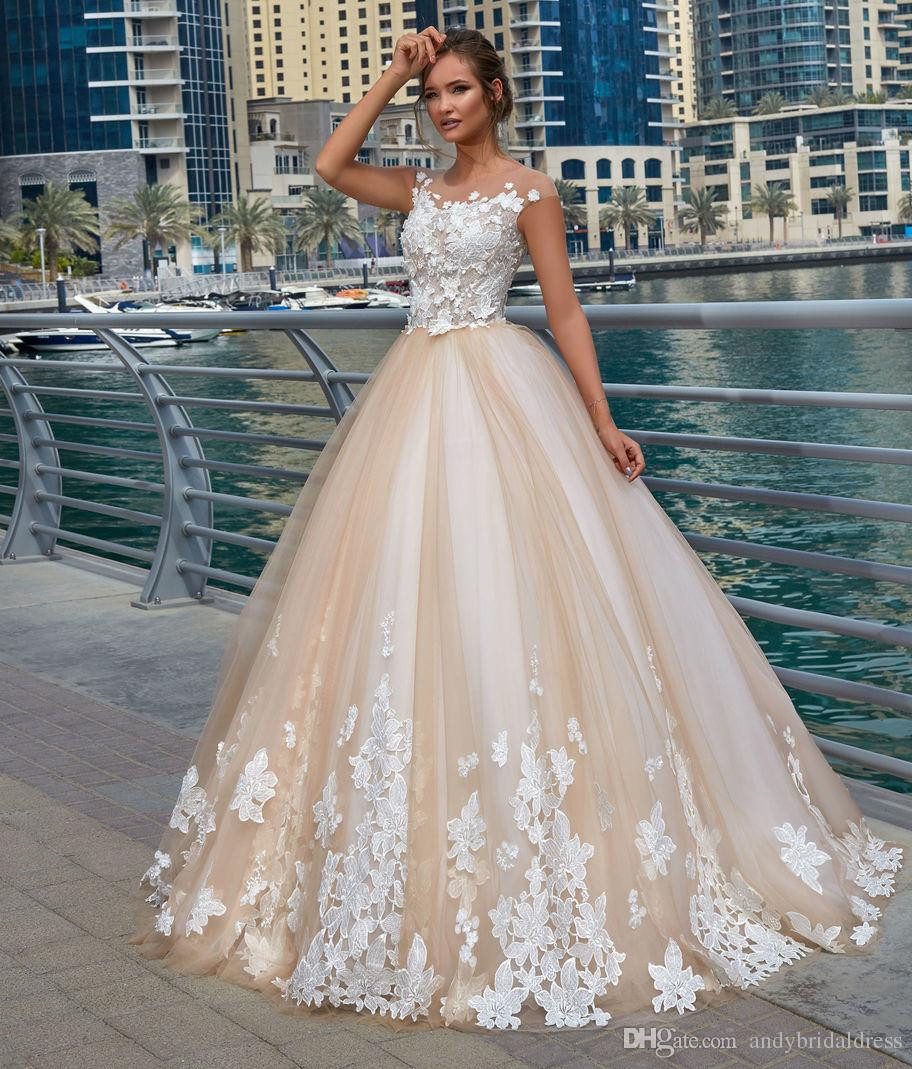 Champagne Wedding Dress
 2018 New Cap Sleeves Champagne Wedding Dress Ball Gown