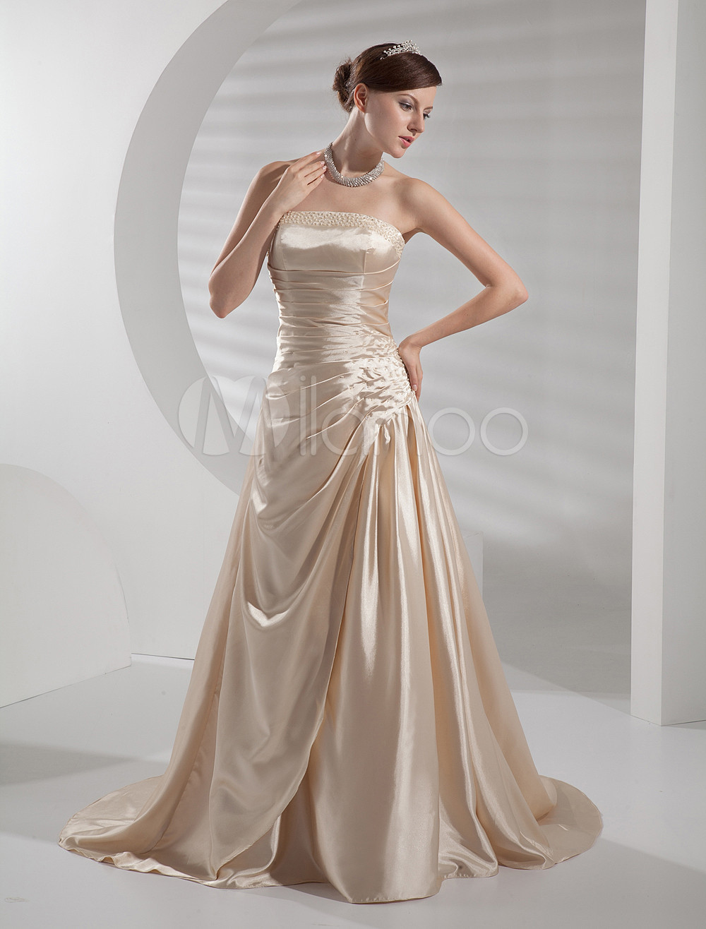 Champagne Wedding Dress
 Champagne Wedding Dress Strapless Backless Ruched Satin