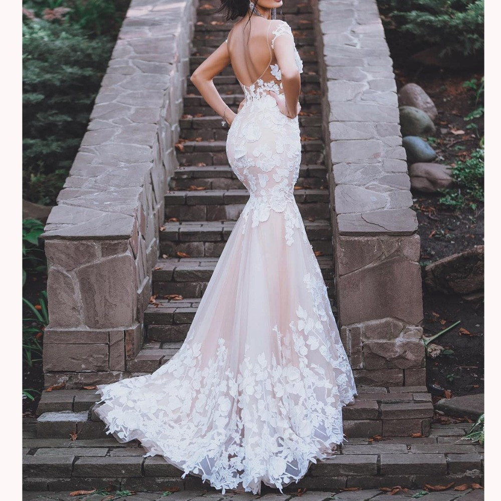 Champagne Wedding Dress
 Champagne Wedding Dress Mermaid 3D Flowers Lace Backless