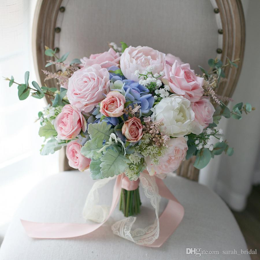 Cheap Wedding Flowers Online
 Pink Blue Country Mori Cheap Bridal Bouquets 2020 Rose