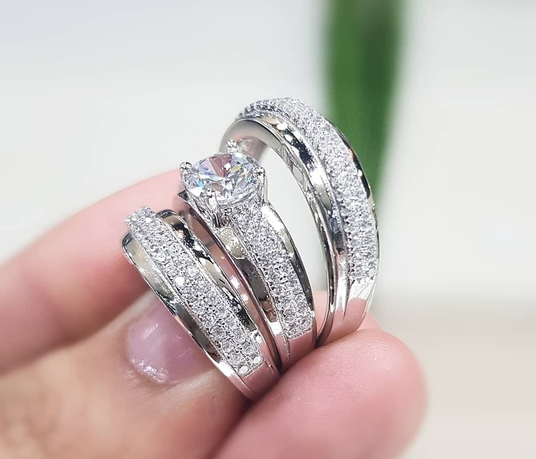 Cheap Wedding Ring Sets For Bride And Groom
 Diamond Trio Set Bride & Groom Engagement Rings 14k White