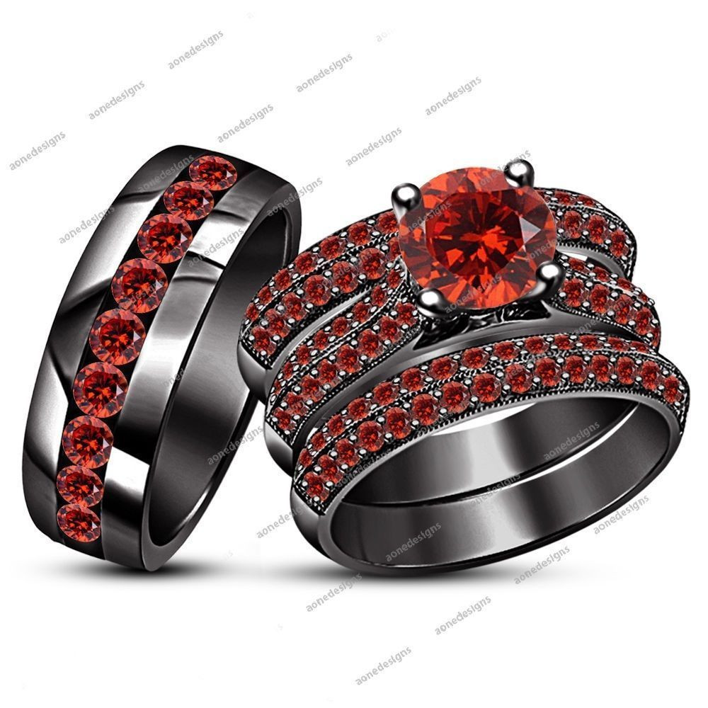 Cheap Wedding Ring Sets For Bride And Groom
 3 50 Ct Red Garnet 14k Black Gp 925 Bride & Groom 4 Pcs