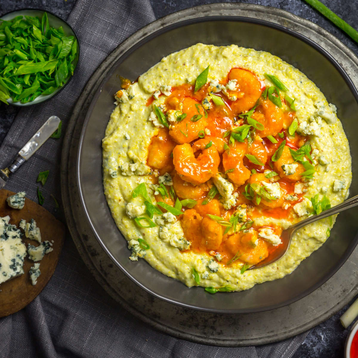 Cheese Grits And Shrimp
 Crispy Buffalo Shrimp and Creamy Blue Cheese Grits Nerds