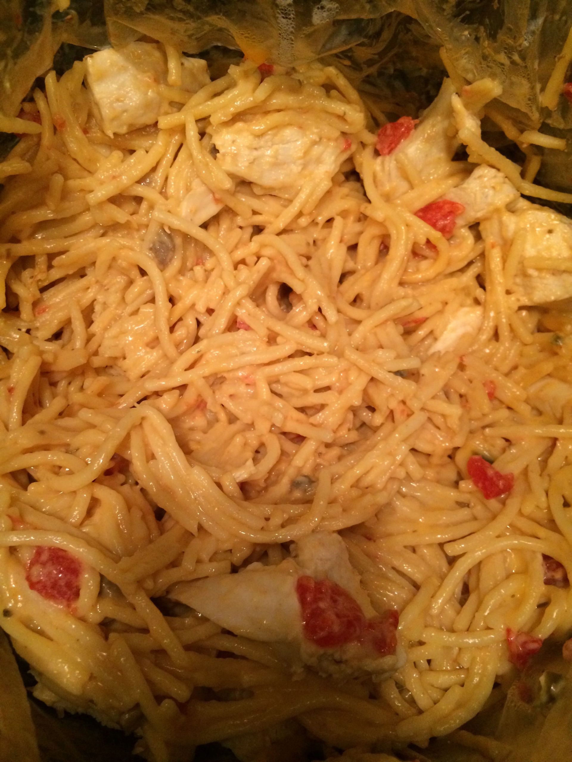 Chicken Spaghetti With Velveeta And Cream Of Mushroom
 Crockpot Chicken Spaghetti 1 can rotel original 1 can