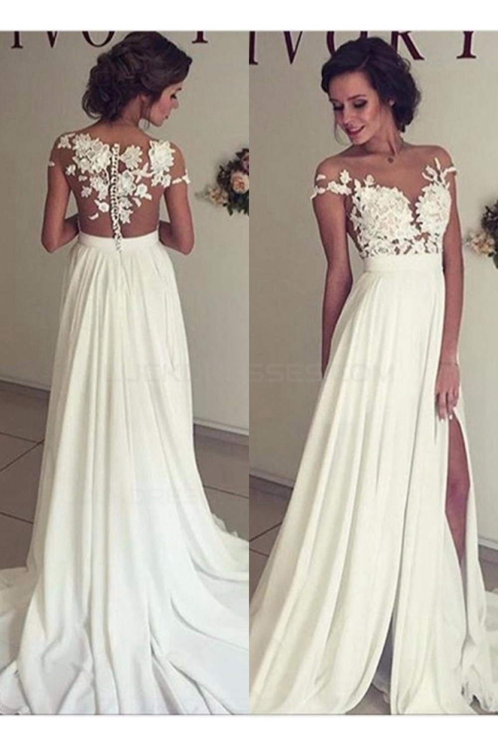 Chiffon Wedding Gowns
 Elegant Illusion Bodice Lace Chiffon Wedding Dresses