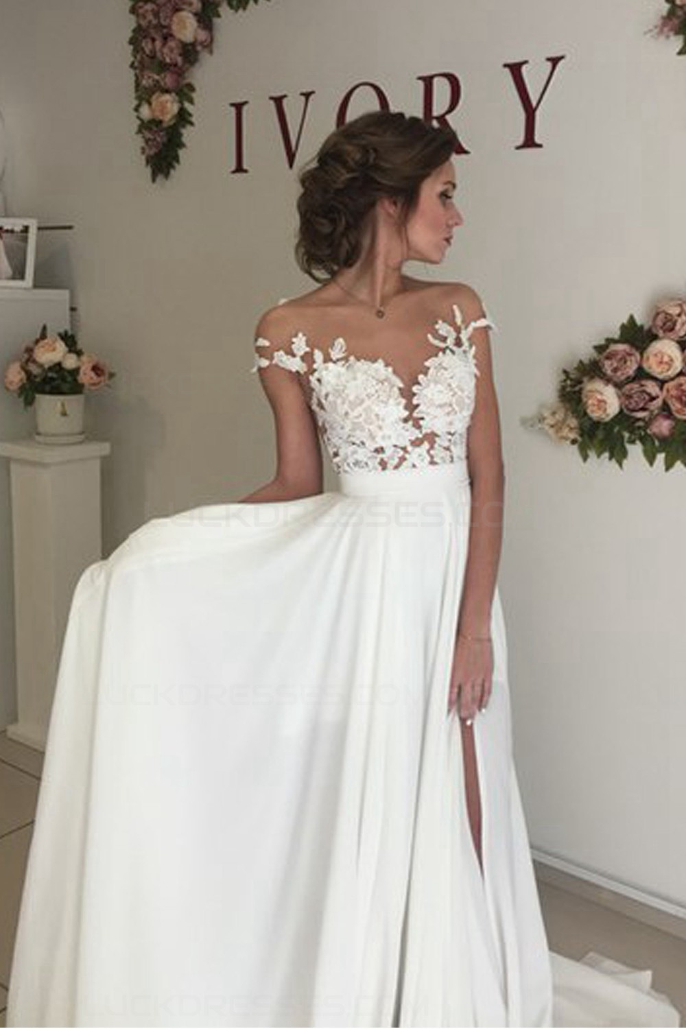 Chiffon Wedding Gowns
 Elegant Illusion Bodice Lace Chiffon Wedding Dresses