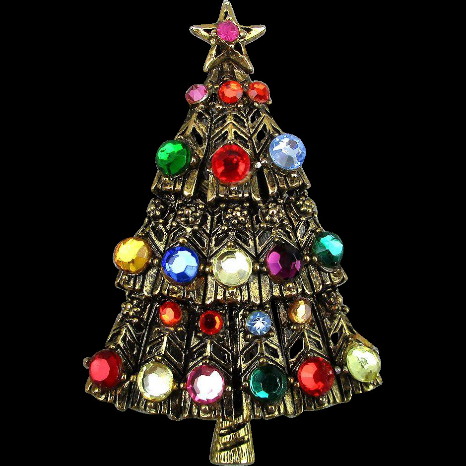 Christmas Brooches
 Vintage HOLLYCRAFT Rhinestone Christmas Tree Pin Brooch