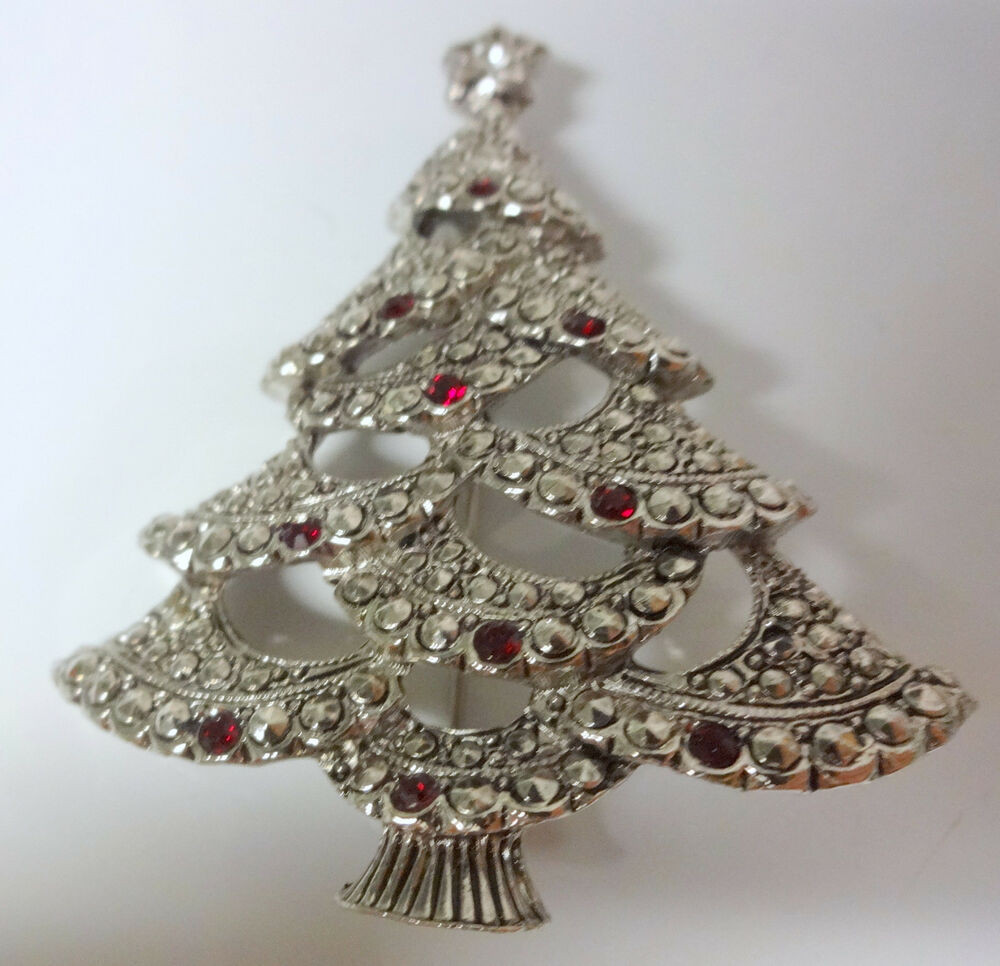 Christmas Brooches
 Vintage Signed AVON Christmas Tree Silver Tone Red