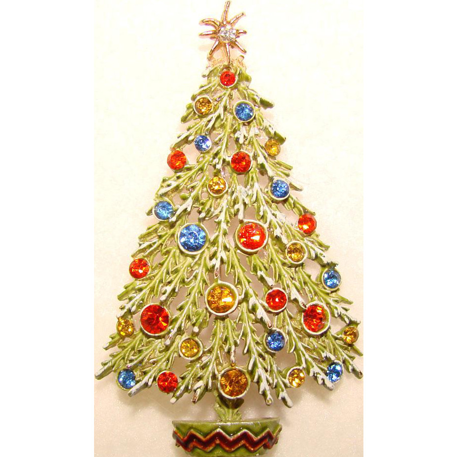 Christmas Brooches
 Signed ART Enamel & Rhinestone Vintage Christmas Tree Pin