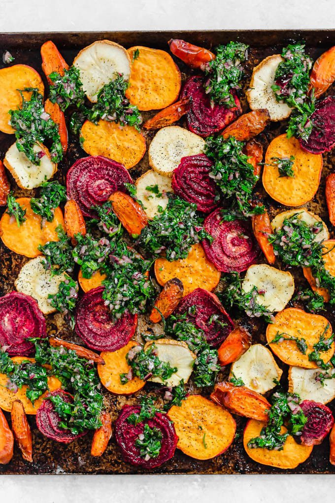 Christmas Dinner Vegetables
 Roasted Root Ve ables with Carrot Top Chimichurri