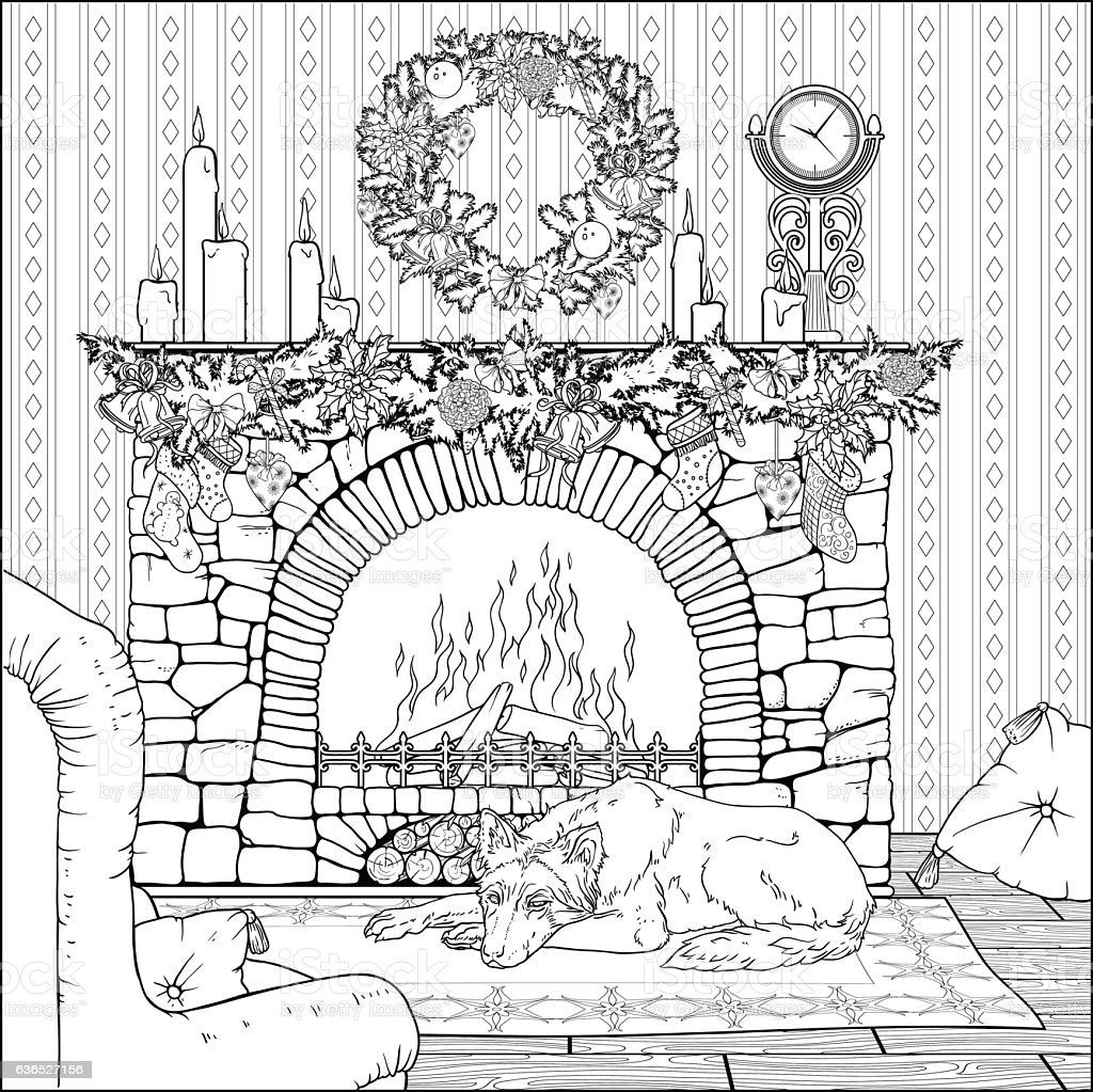 Christmas Fireplace Drawing
 Dog Resting In Front Christmas Decorated Fireplace