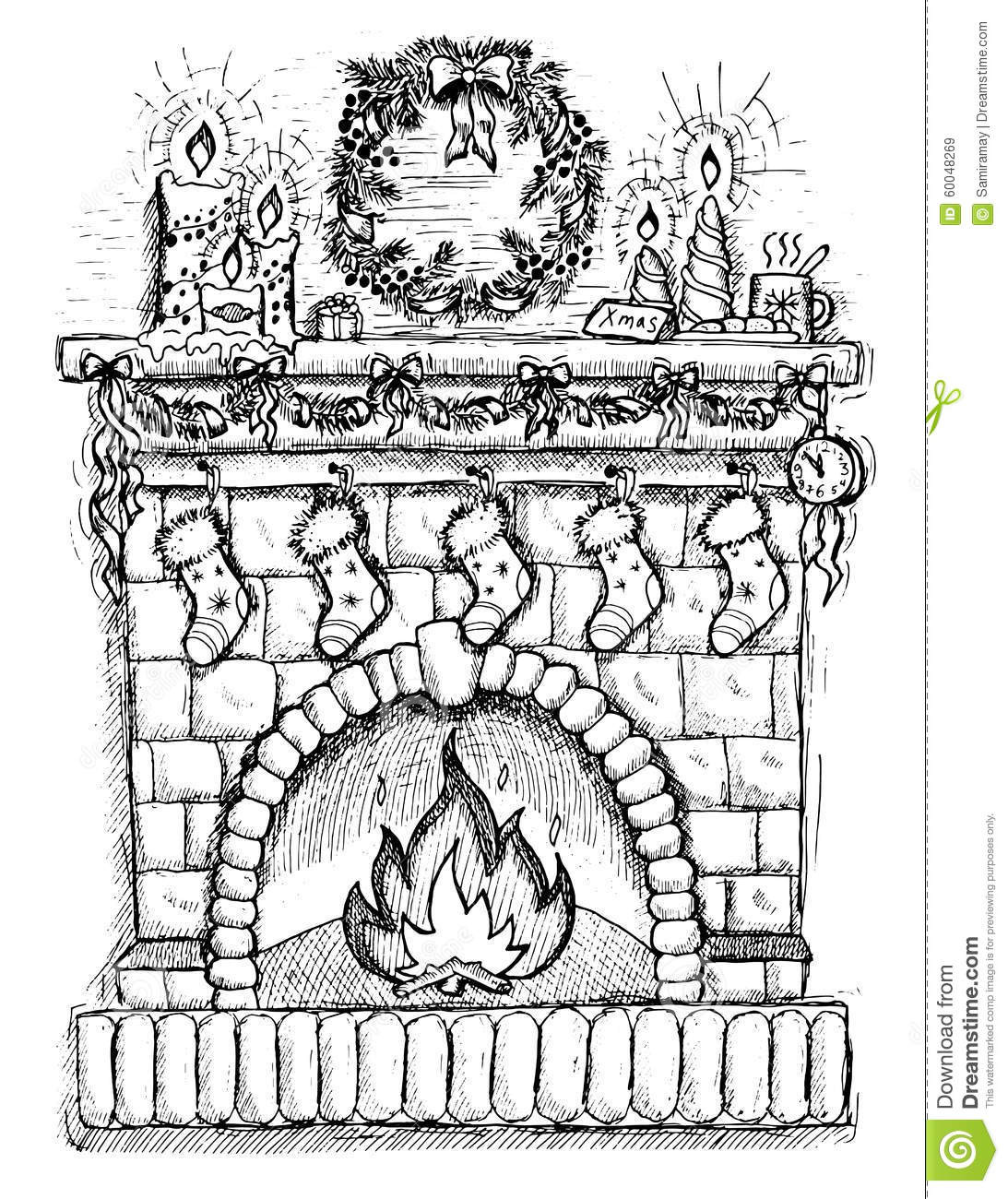 Christmas Fireplace Drawing
 Hand Drawn Illustration Christmas Fire Place Stock
