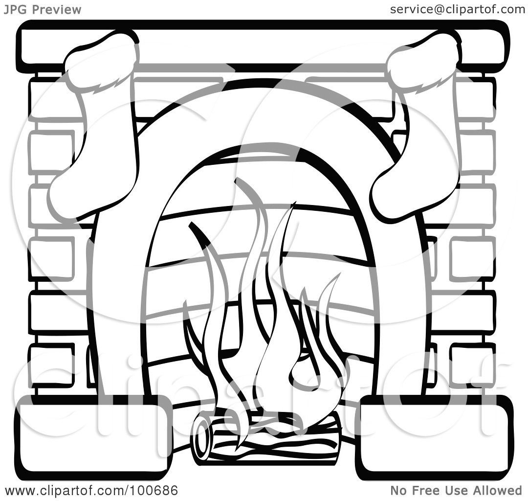 Christmas Fireplace Drawing
 Royalty Free RF Clipart Illustration of a Coloring Page
