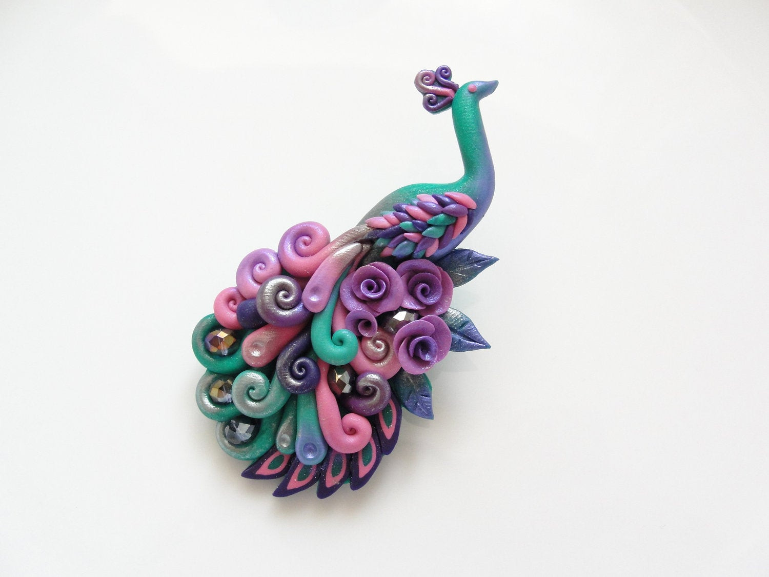 Clay Pins
 Polymer clay peacock brooch pin handmade in turquoise purple