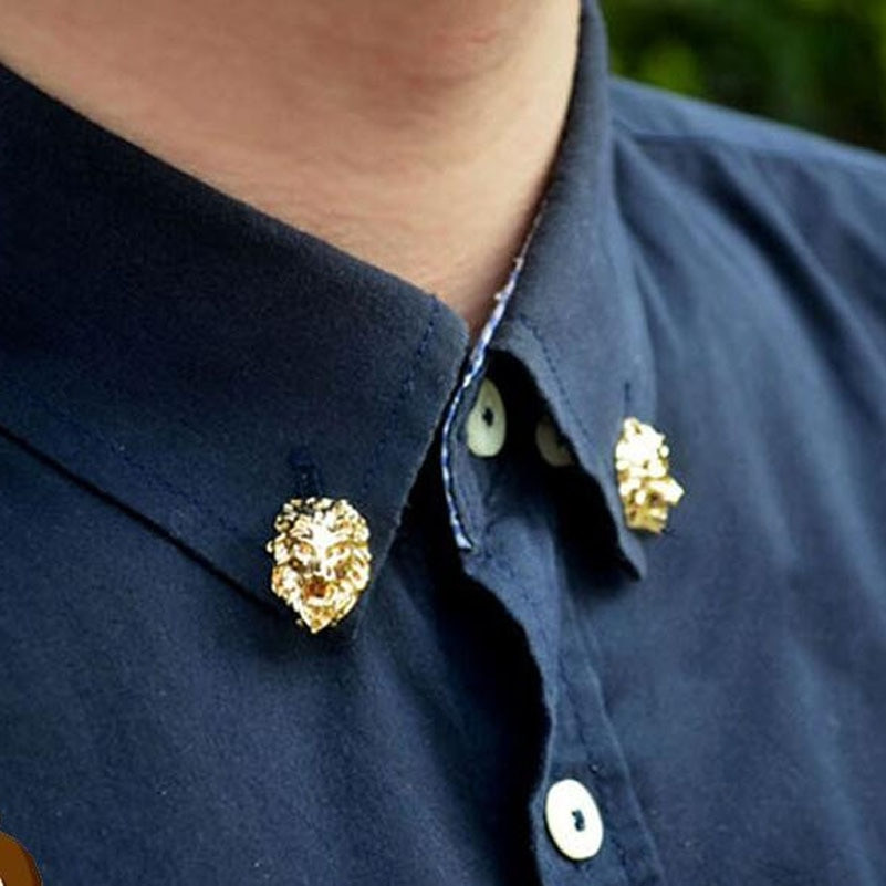 Collar Brooches
 Uni Men Jewelry Collar Pin Gold Tone Lion Head Collar