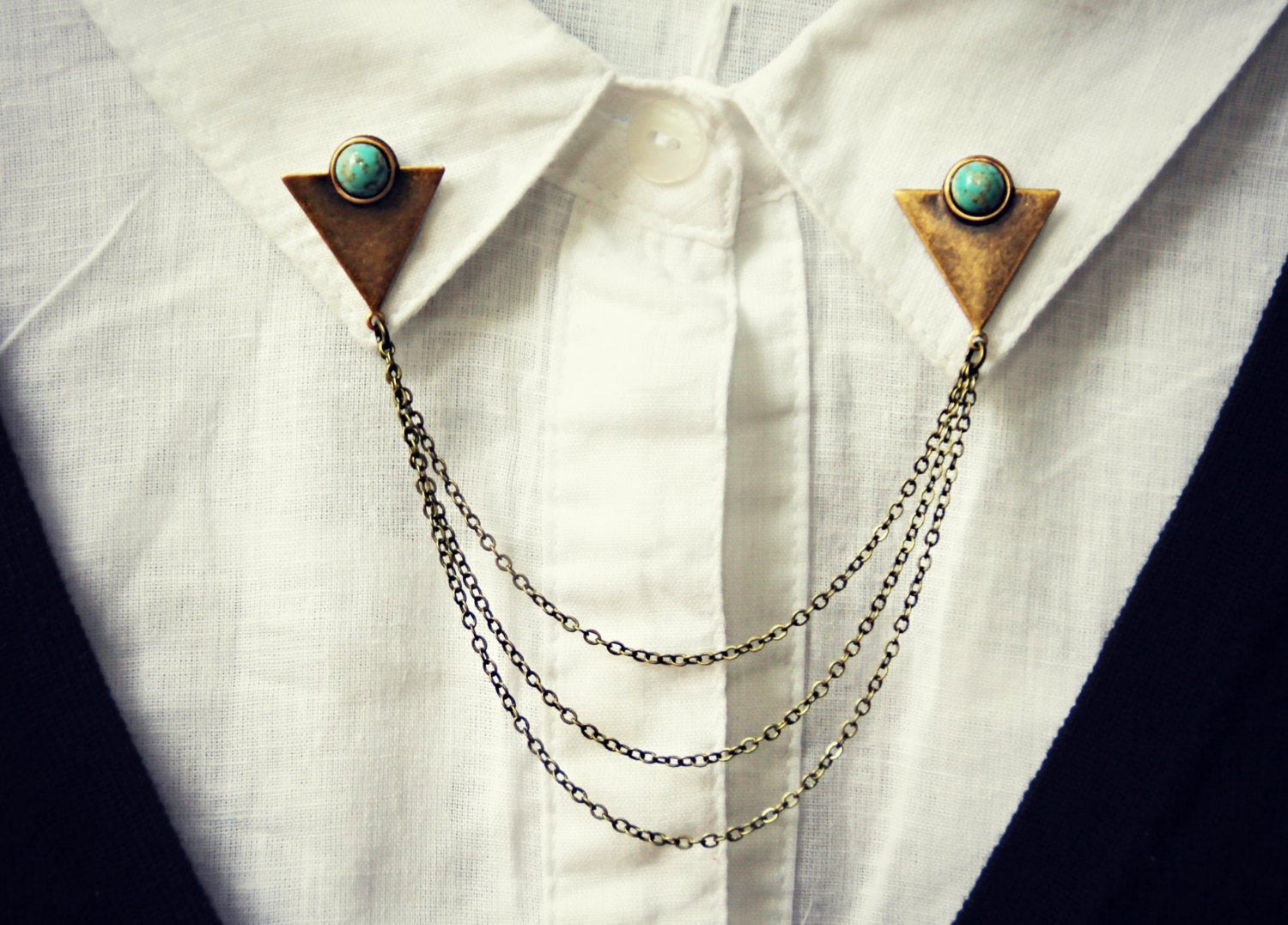 Collar Brooches
 triangle collar pins with turquoise stones collar chain