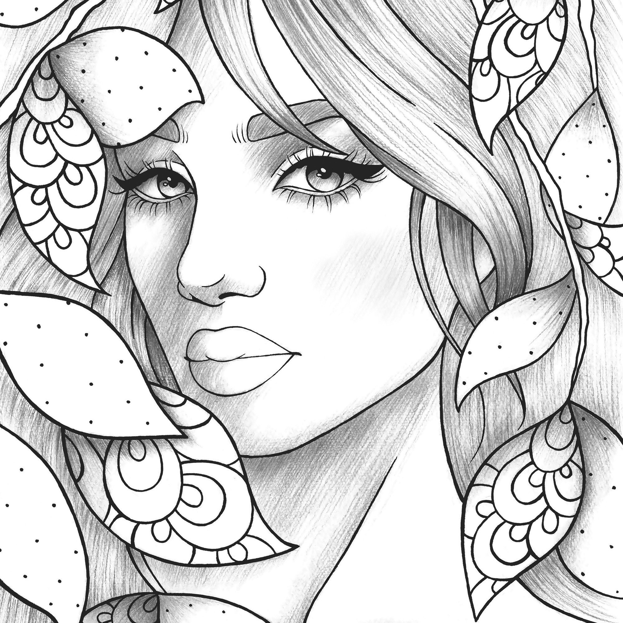 Coloring Pages Of Girls For Adults
 Adult coloring page girl portrait and leaves colouring