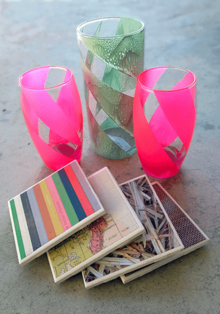 Cool DIY Gifts
 Tile Coasters & Opaque Striped Glasses