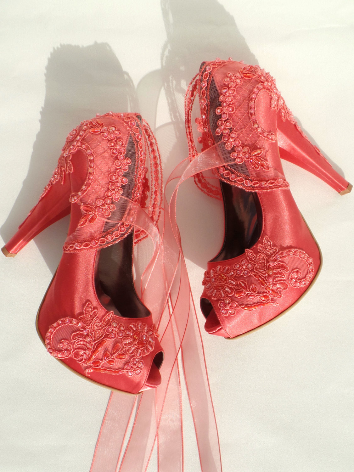 Coral Shoes For Wedding
 Wedding Shoes Coral Embroidered Lace Bridal Shoes