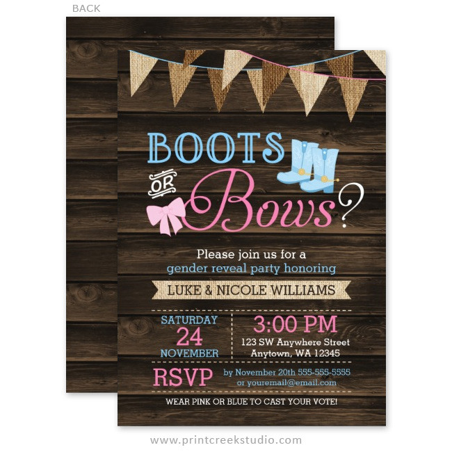 Country Gender Reveal Party Ideas
 Rustic Boots or Bows Gender Reveal Baby Shower Invitations