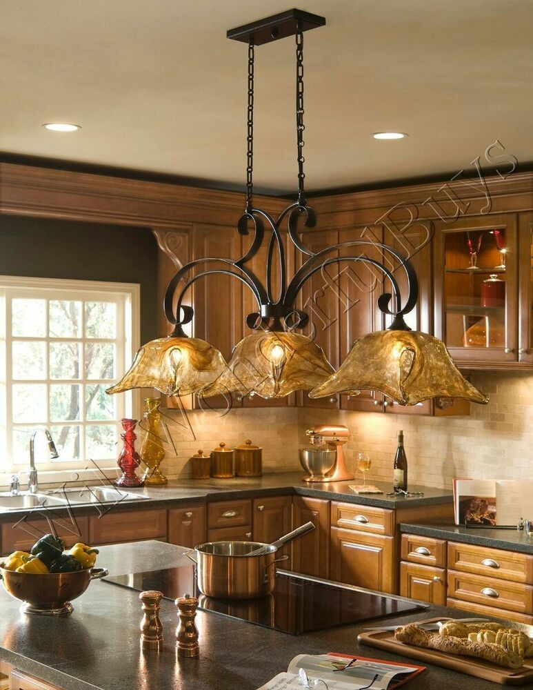 Country Kitchen Lights Fixtures
 3 Light Chandelier Kitchen Island Pendant Iron Glass