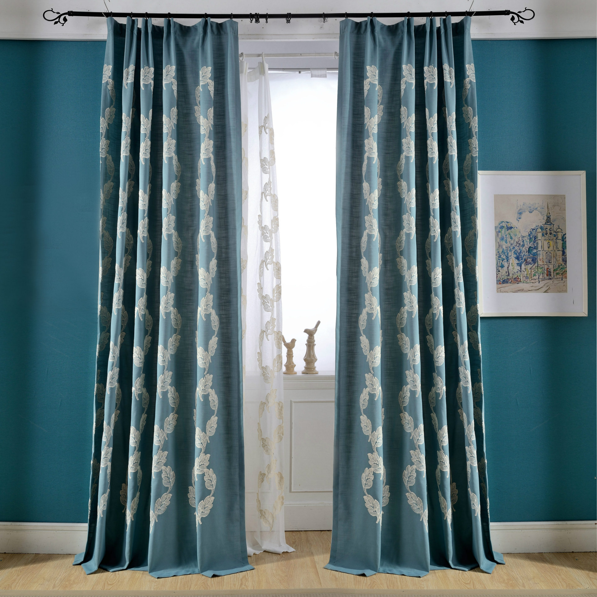 Country Living Room Curtains
 Blue Leaf Embroidery Linen Cotton Blend Country Curtains