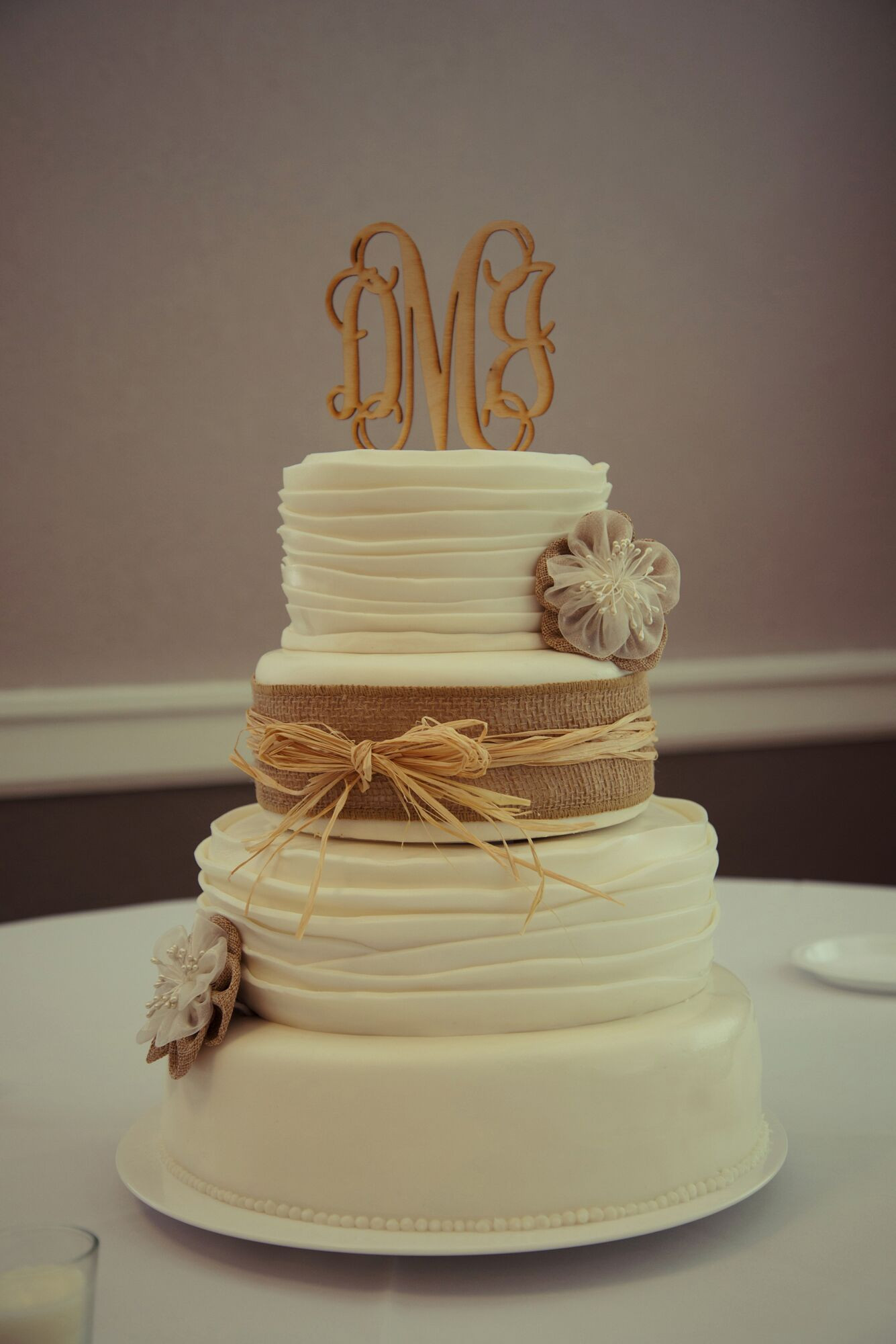 Country Wedding Cake Toppers
 Rustic Wedding Cake with Burlap and Straw Ribbon and