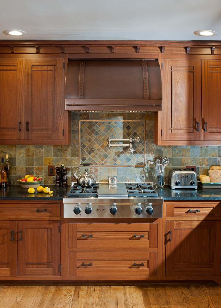 Craftsman Style Kitchen Backsplash
 Range wall in Crown Point kitchen that bines Prairie