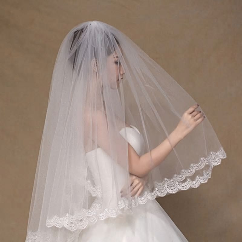Cream Wedding Veils
 Classic Ivory Cream Tulle 2 Layer Bridal Veil With Lace