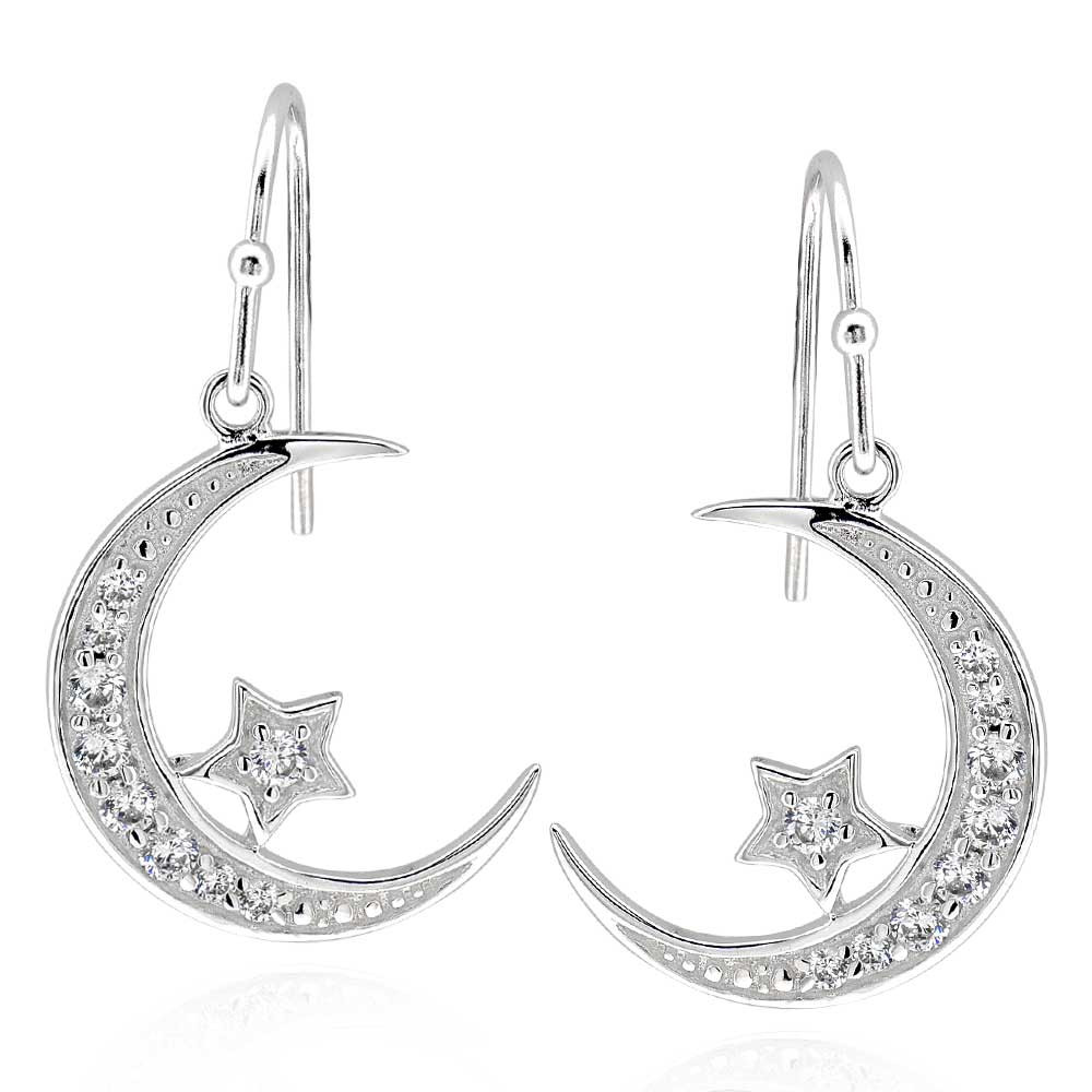 Crescent Moon Earrings
 Sterling Silver Round CZ Crescent Moon & Star Dangle